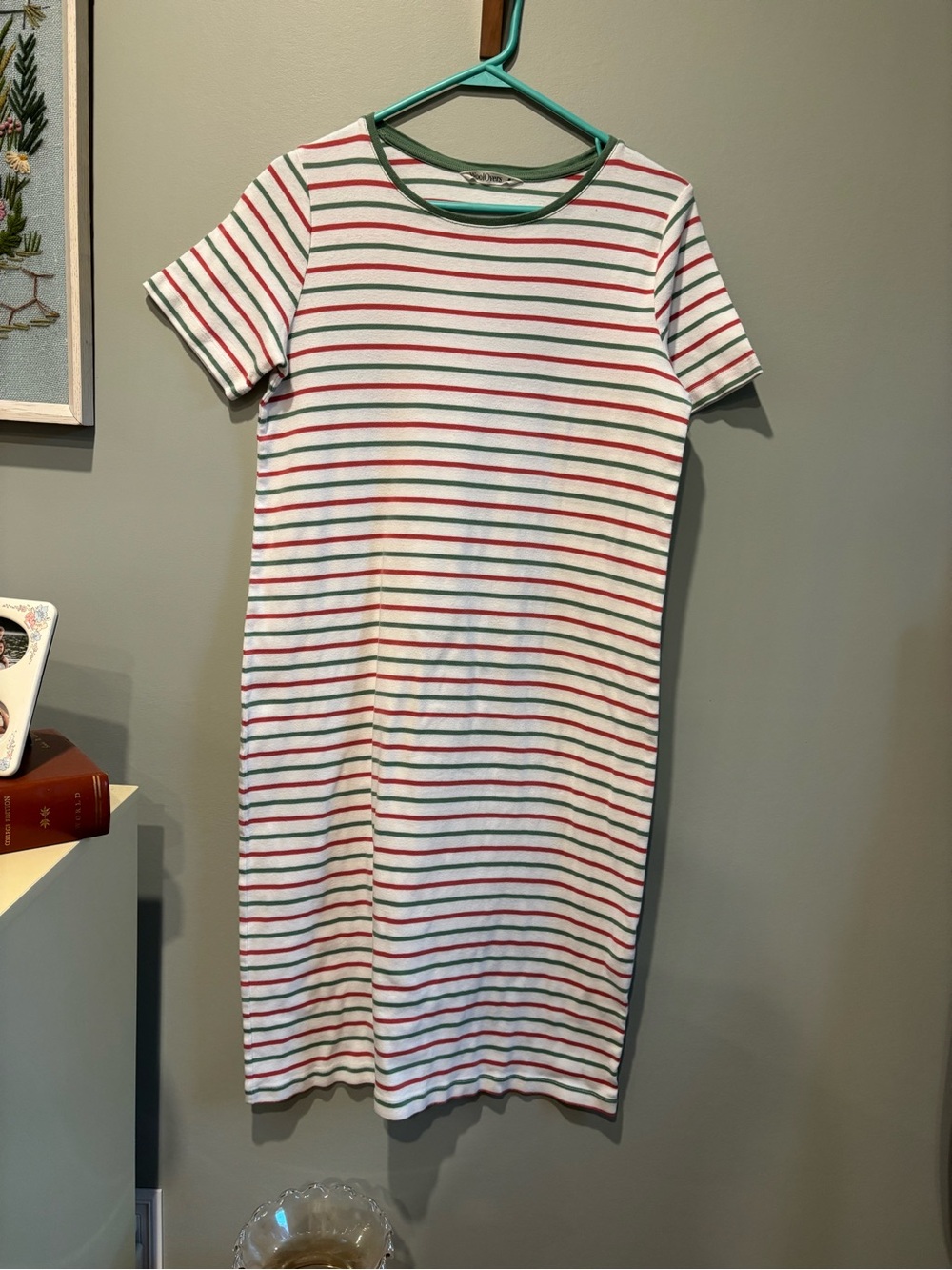 Striped Short-Sleeve Midi Dress - White with Red & Green Stripes